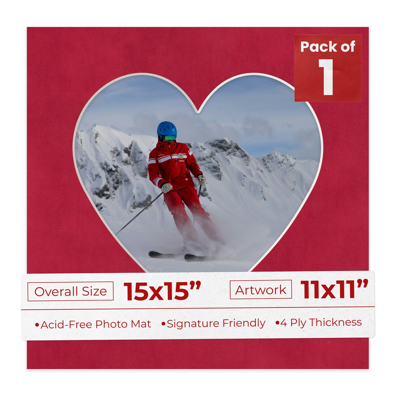 Red Suede Mat Board for 15x15 Frames - Heart Opening for 11x11 Photos